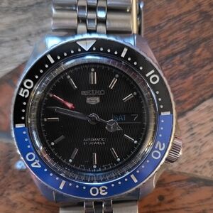 Seiko Stainless Steel Watch with Blue and Black Accents